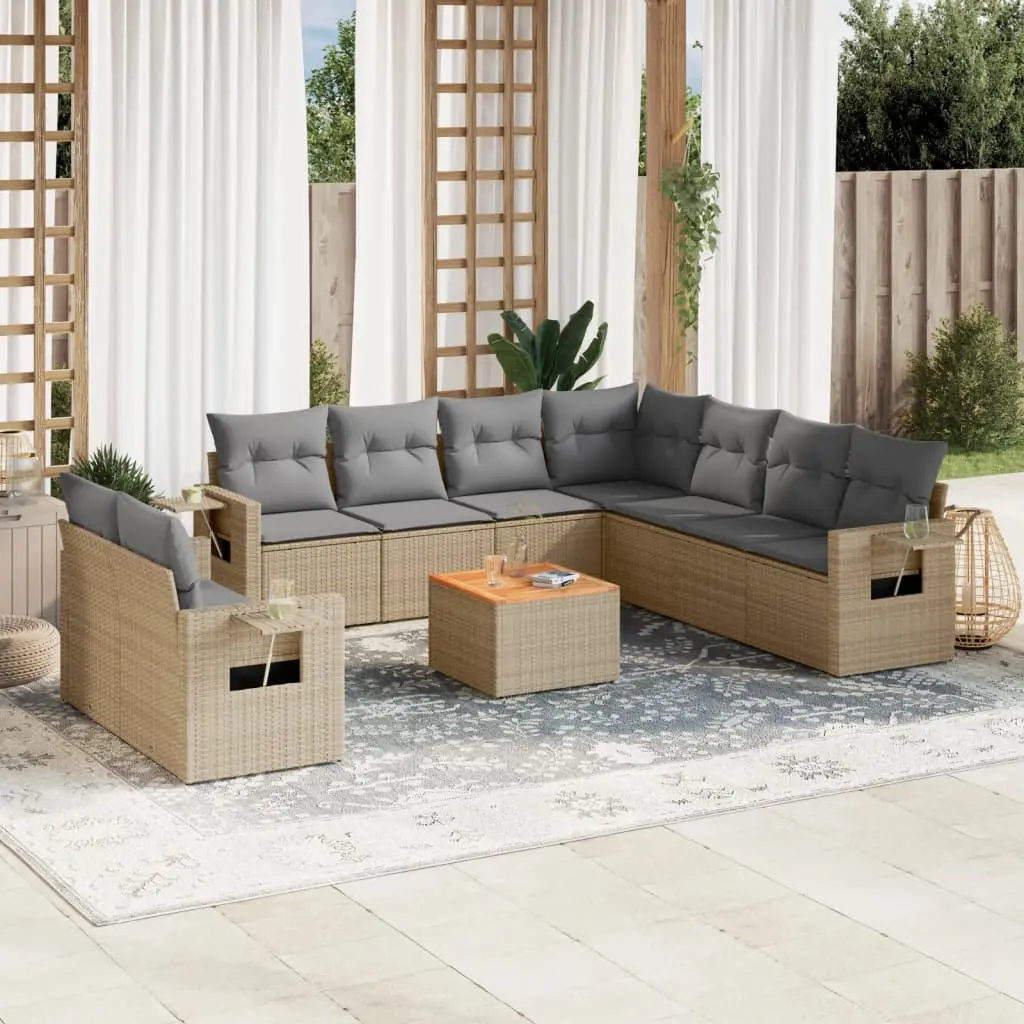 Set Divano da Giardino 10 pz con Cuscini Beige Misto Polyrattan