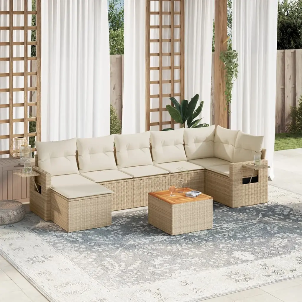 Set Divano da Giardino 8 pz con Cuscini Beige in Polyrattan