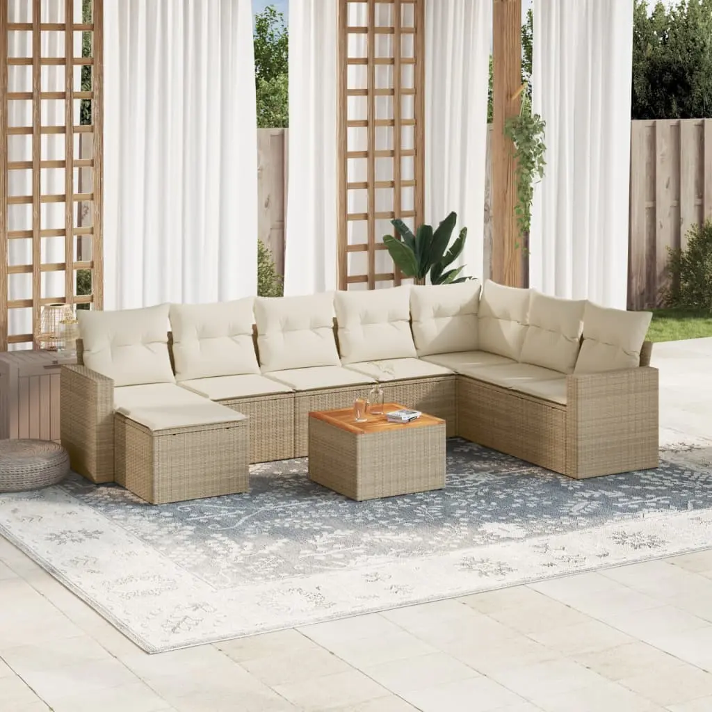 Set Divano da Giardino 9 pz con Cuscini Beige in Polyrattan