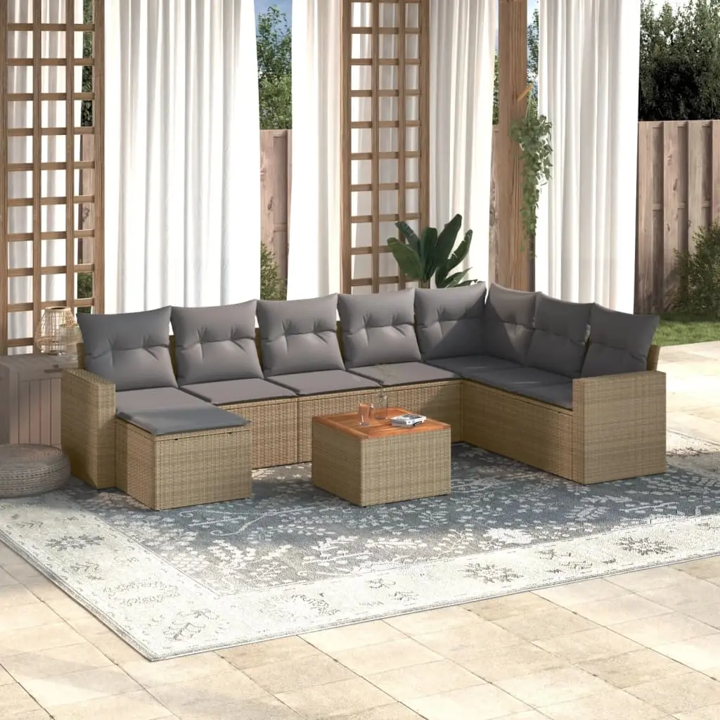 Set Divano da Giardino 9 pz con Cuscini Beige Misto Polyrattan