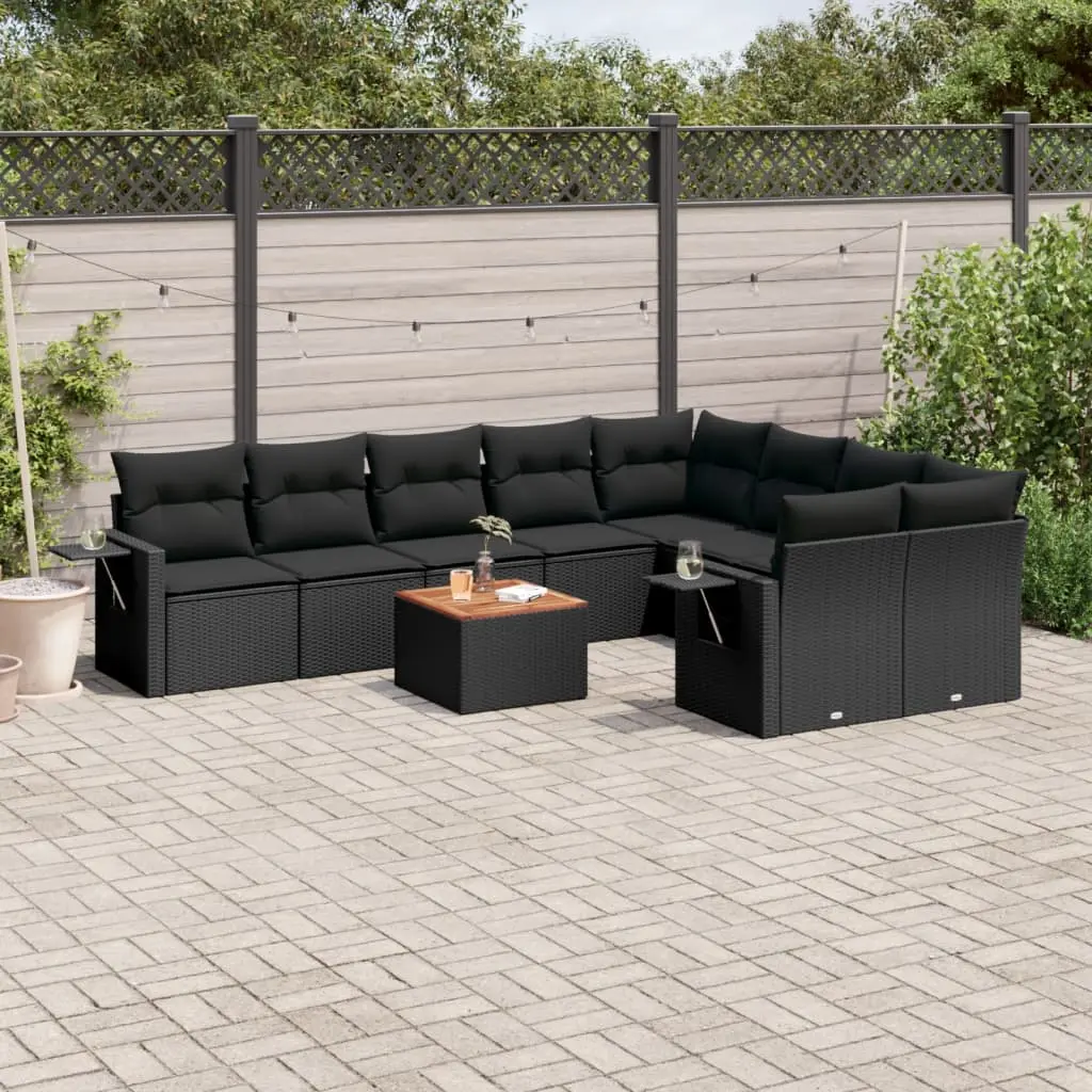 Set Divani da Giardino 10pz con Cuscini in Polyrattan Nero