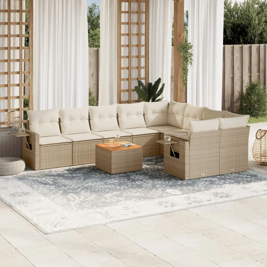 Set Divano da Giardino 10 pz con Cuscini Beige in Polyrattan