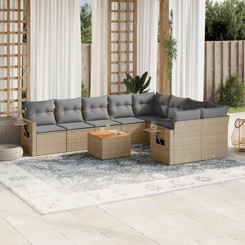 Set Divano da Giardino 10 pz con Cuscini Beige Misto Polyrattan