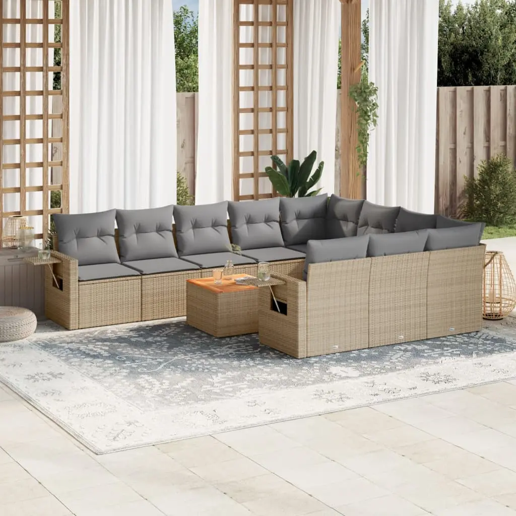 Set Divano da Giardino 11 pz con Cuscini Beige Misto Polyrattan