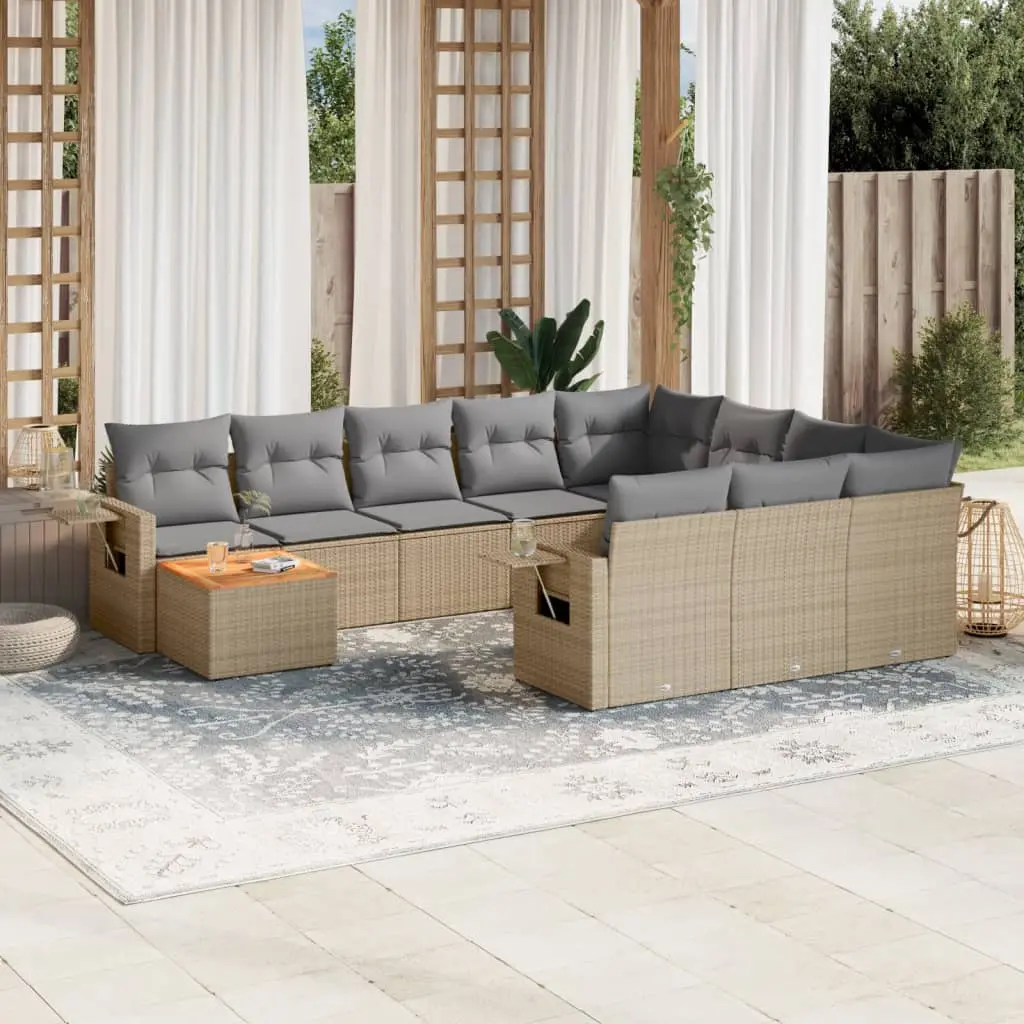 Set Divano da Giardino 11 pz con Cuscini Beige Misto Polyrattan