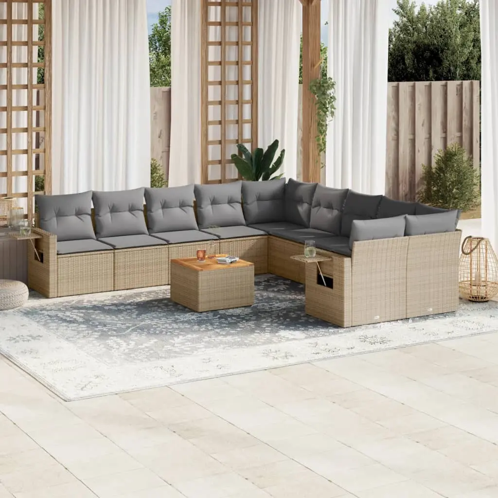 Set Divano da Giardino 11 pz con Cuscini Beige Misto Polyrattan