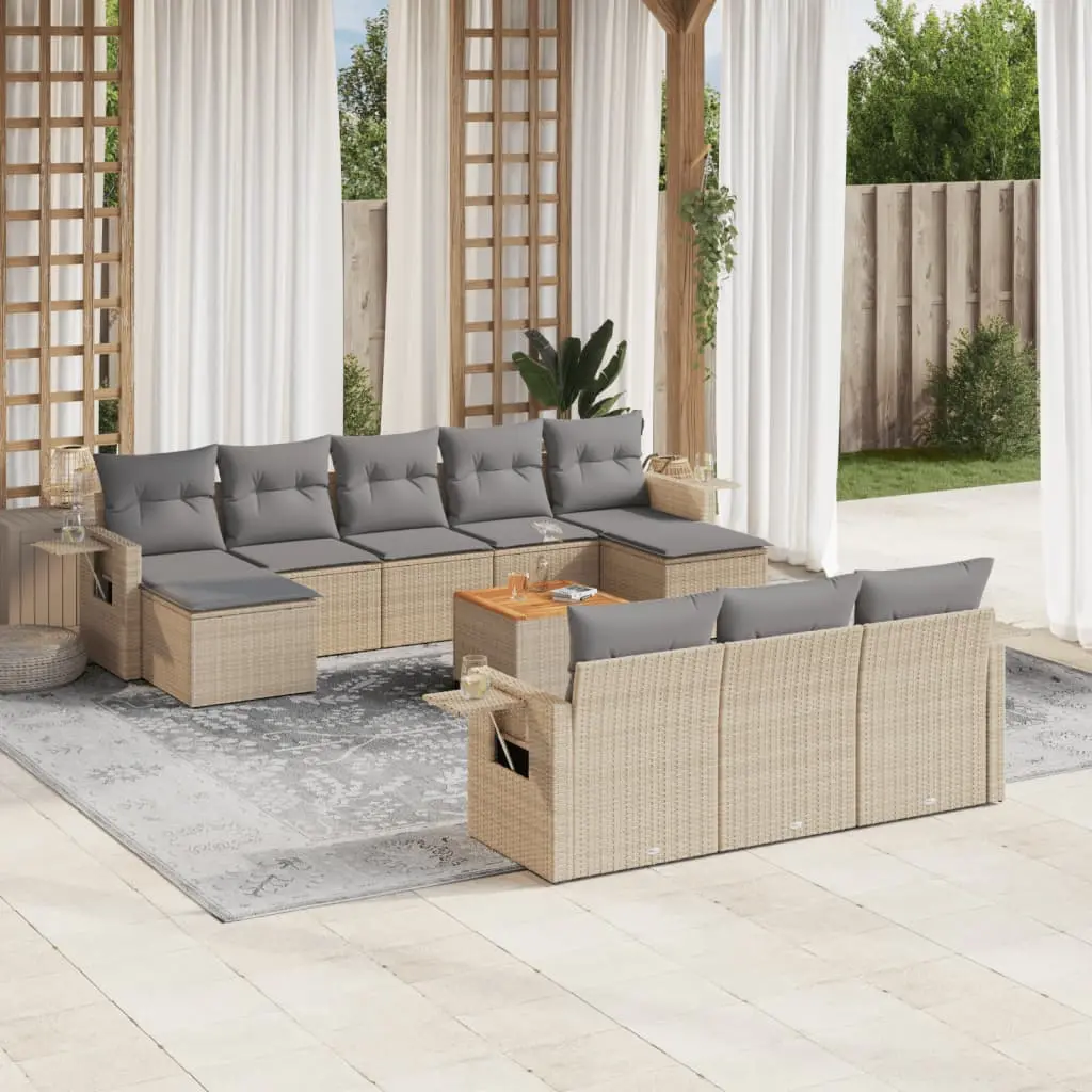 Set Divano da Giardino 11 pz con Cuscini Beige Misto Polyrattan