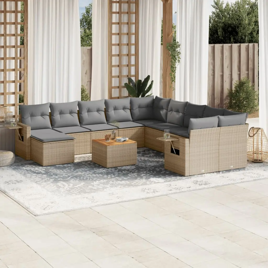 Set Divano da Giardino 14 pz con Cuscini Beige Misto Polyrattan