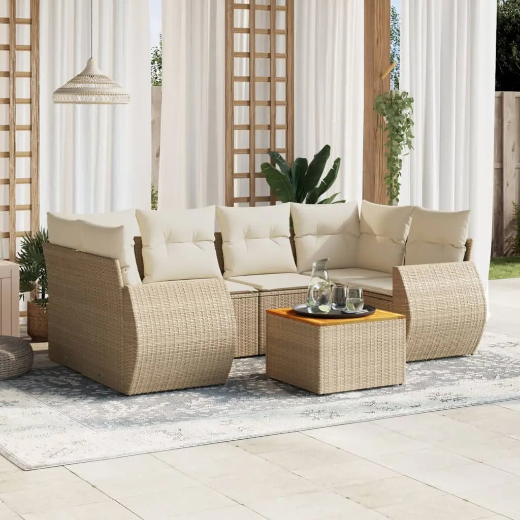 Set Divani da Giardino 7 pz con Cuscini Beige in Polyrattan