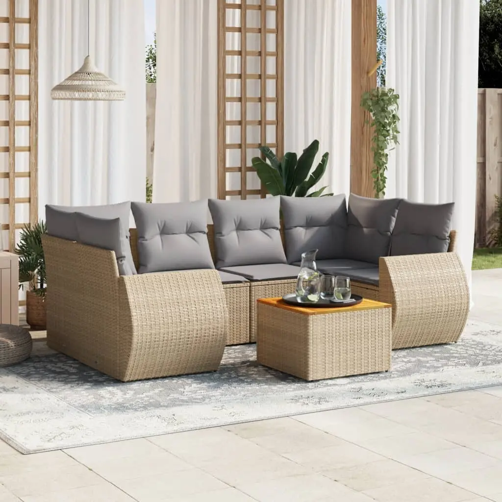 Set Divani da Giardino 7 pz con Cuscini Beige in Polyrattan