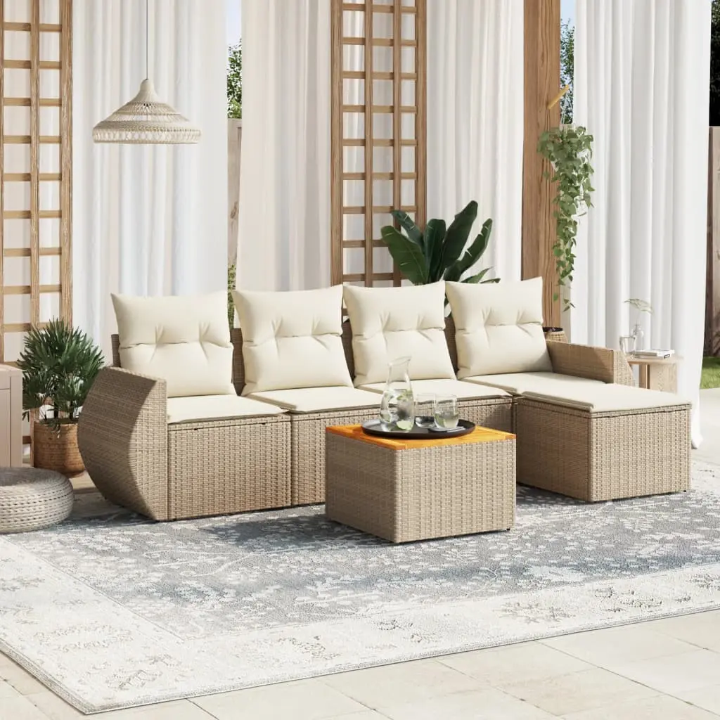 Set Divano da Giardino 6 pz con Cuscini Beige in Polyrattan