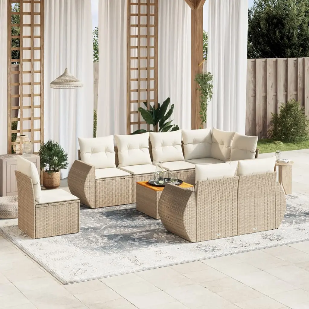 Set Divano da Giardino 9 pz con Cuscini Beige in Polyrattan