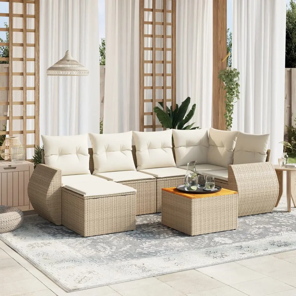 Set Divani da Giardino 7 pz con Cuscini Beige in Polyrattan