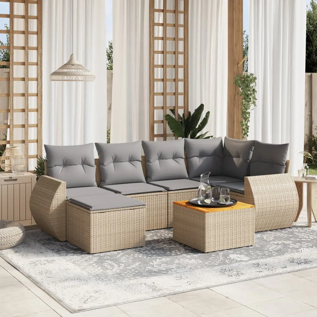 Set Divani da Giardino 7 pz con Cuscini Beige in Polyrattan