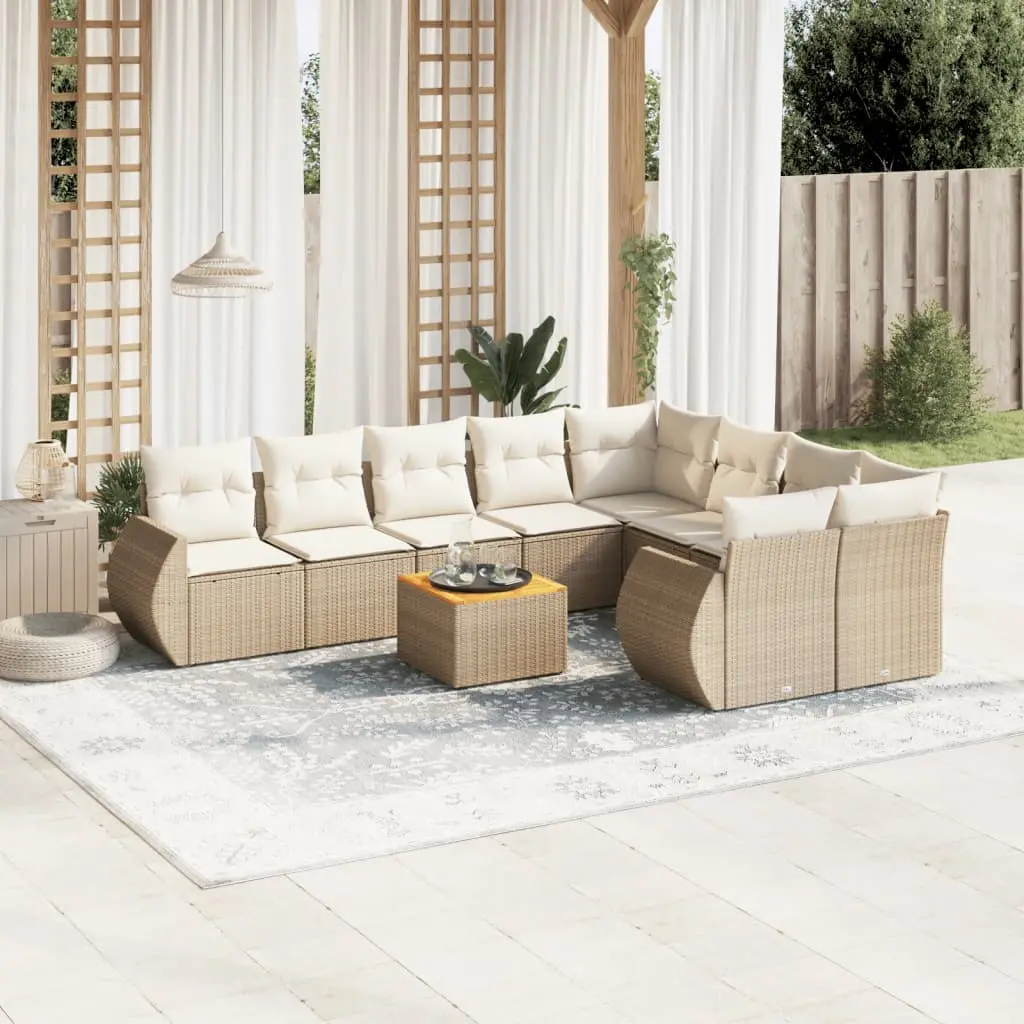 Set Divano da Giardino 10 pz con Cuscini Beige in Polyrattan