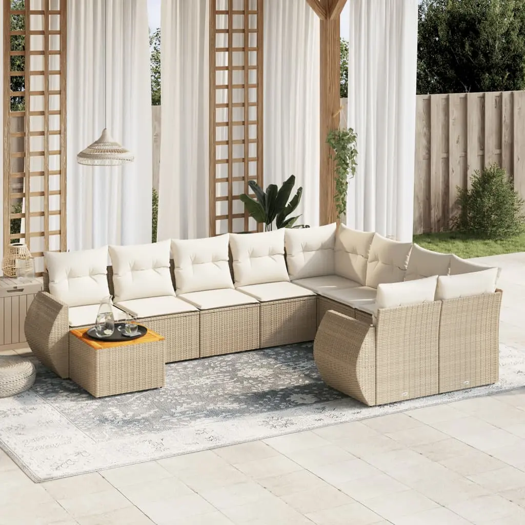 Set Divano da Giardino 10 pz con Cuscini Beige in Polyrattan