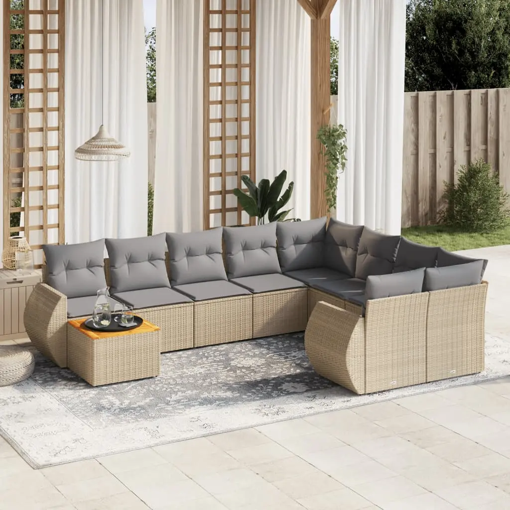 Set Divano da Giardino 10 pz con Cuscini Beige in Polyrattan