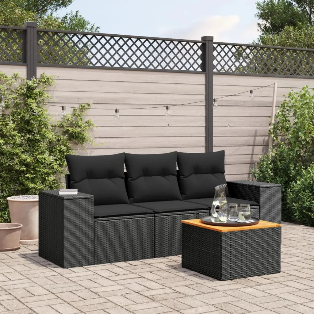 vidaXL Set Divani da Giardino 4 pz con Cuscini Nero in Polyrattan