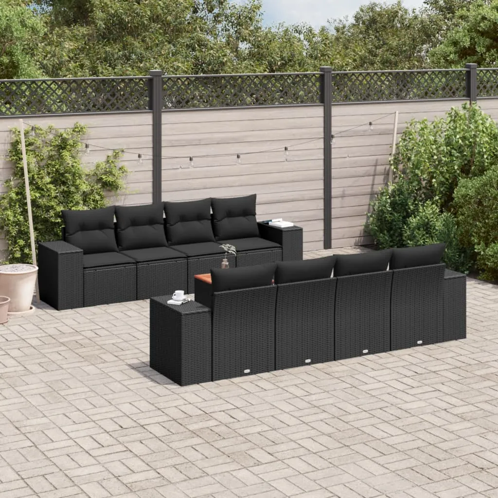 vidaXL Set Divani da Giardino 9 pz con Cuscini Nero in Polyrattan