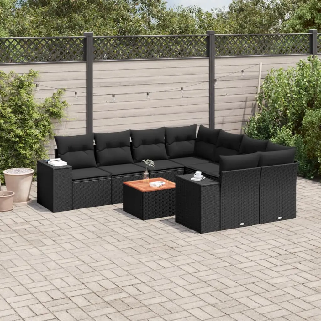 Set Divani da Giardino 9 pz con Cuscini Nero in Polyrattan