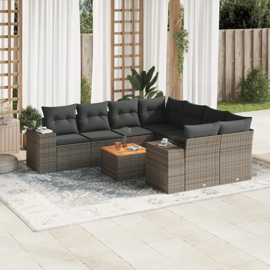 Set Divano da Giardino 9 pz con Cuscini Grigio in Polyrattan