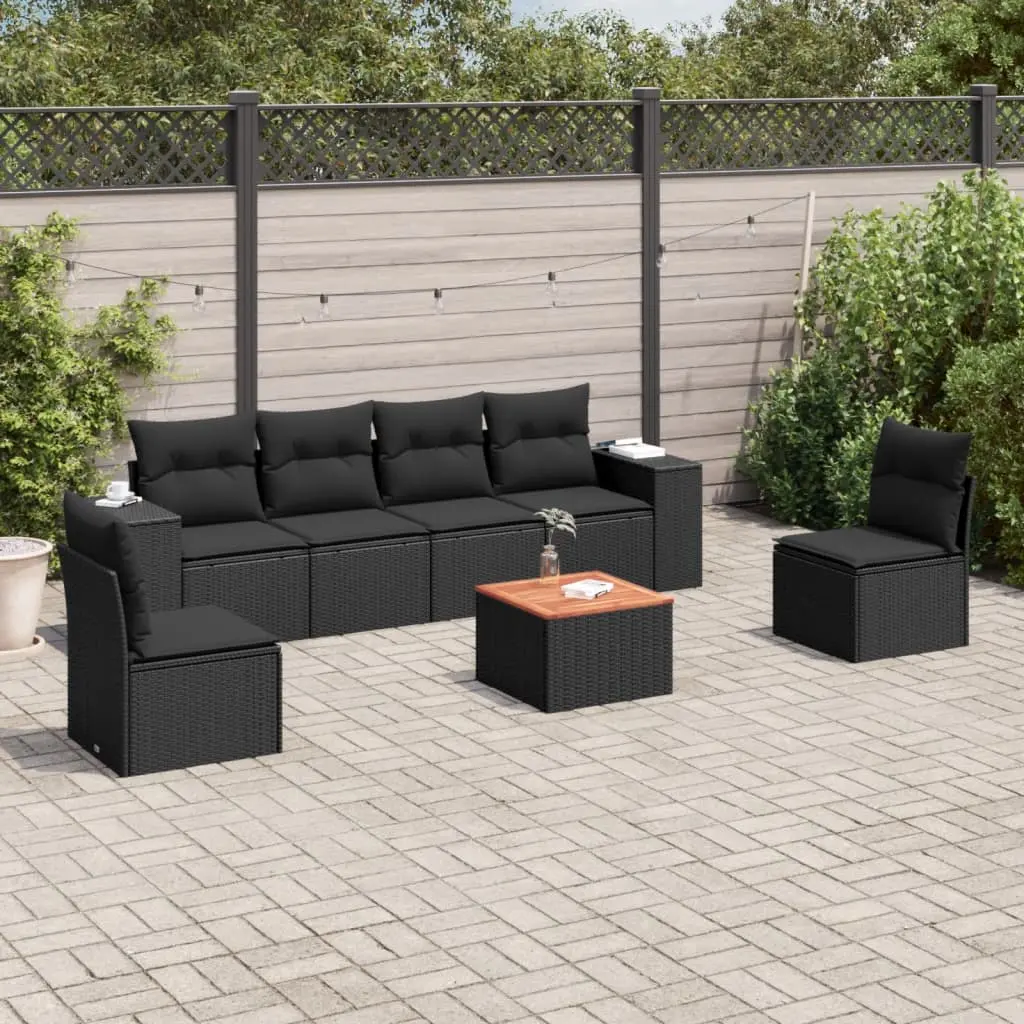 Set Divani da Giardino con Cuscini 7pz Nero Polyrattan