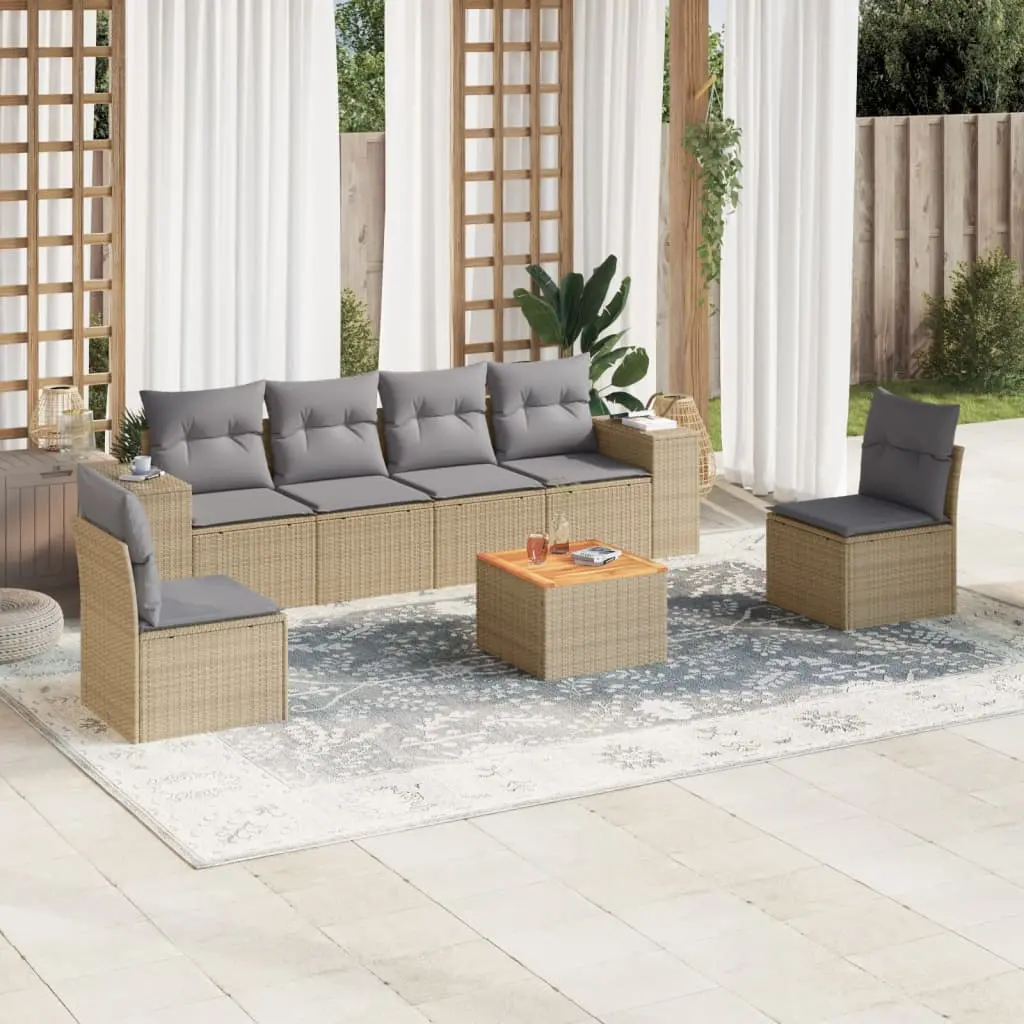 Set Divani da Giardino 7 pz con Cuscini Beige in Polyrattan