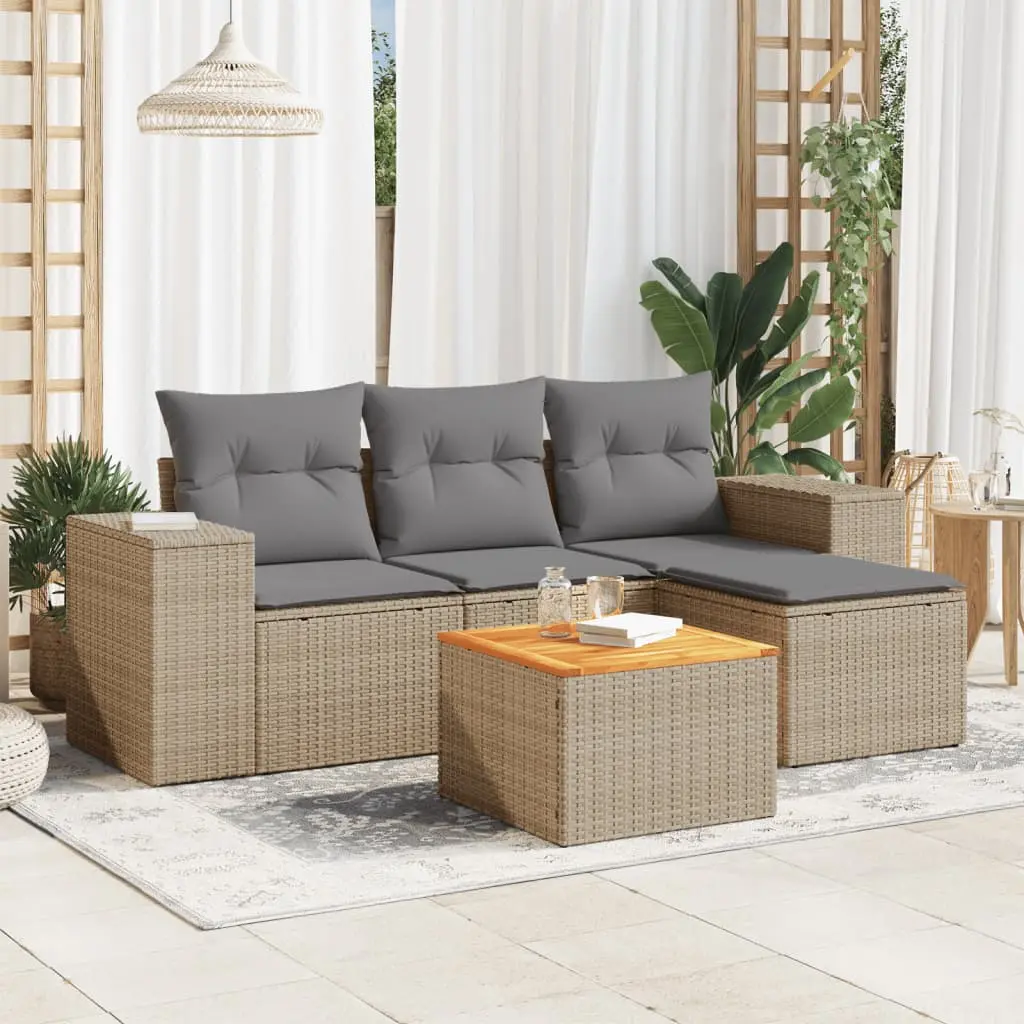 Set Divano da Giardino 5 pz con Cuscini Beige in Polyrattan