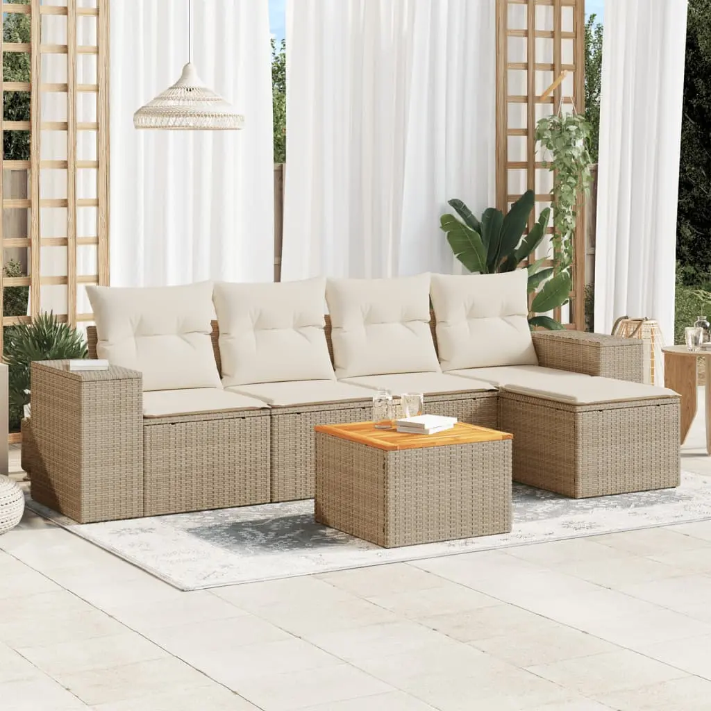 Set Divano da Giardino 6 pz con Cuscini Beige in Polyrattan