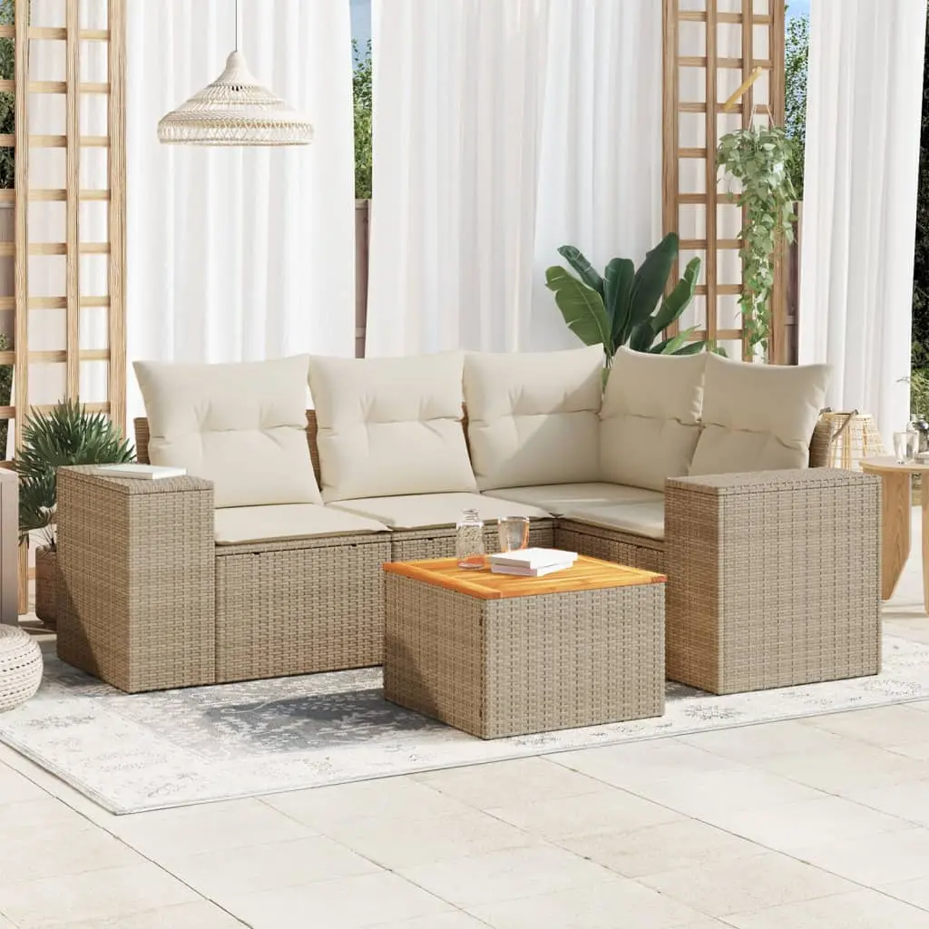 Set Divano da Giardino 5 pz con Cuscini Beige in Polyrattan