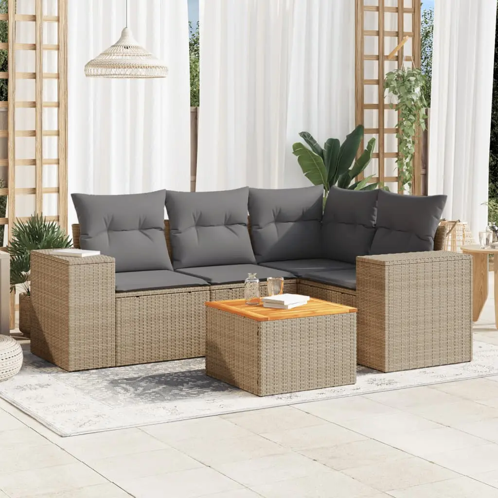 Set Divano da Giardino 5 pz con Cuscini Beige in Polyrattan