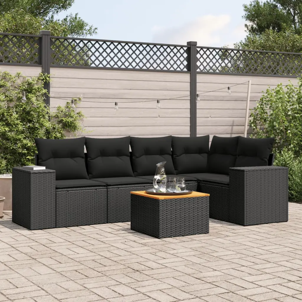 Set Divano da Giardino 6 pz con Cuscini Nero in Polyrattan