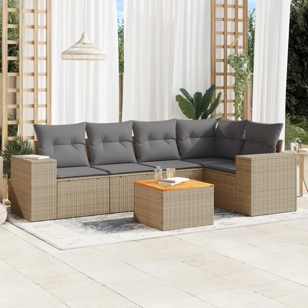 Set Divano da Giardino 6 pz con Cuscini Beige in Polyrattan