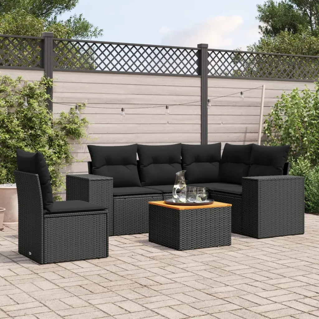 Set Divano da Giardino 6 pz con Cuscini Nero in Polyrattan