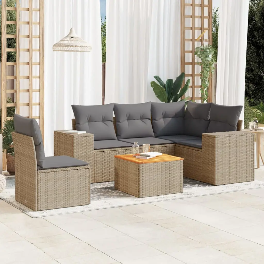 Set Divano da Giardino 6 pz con Cuscini Beige in Polyrattan