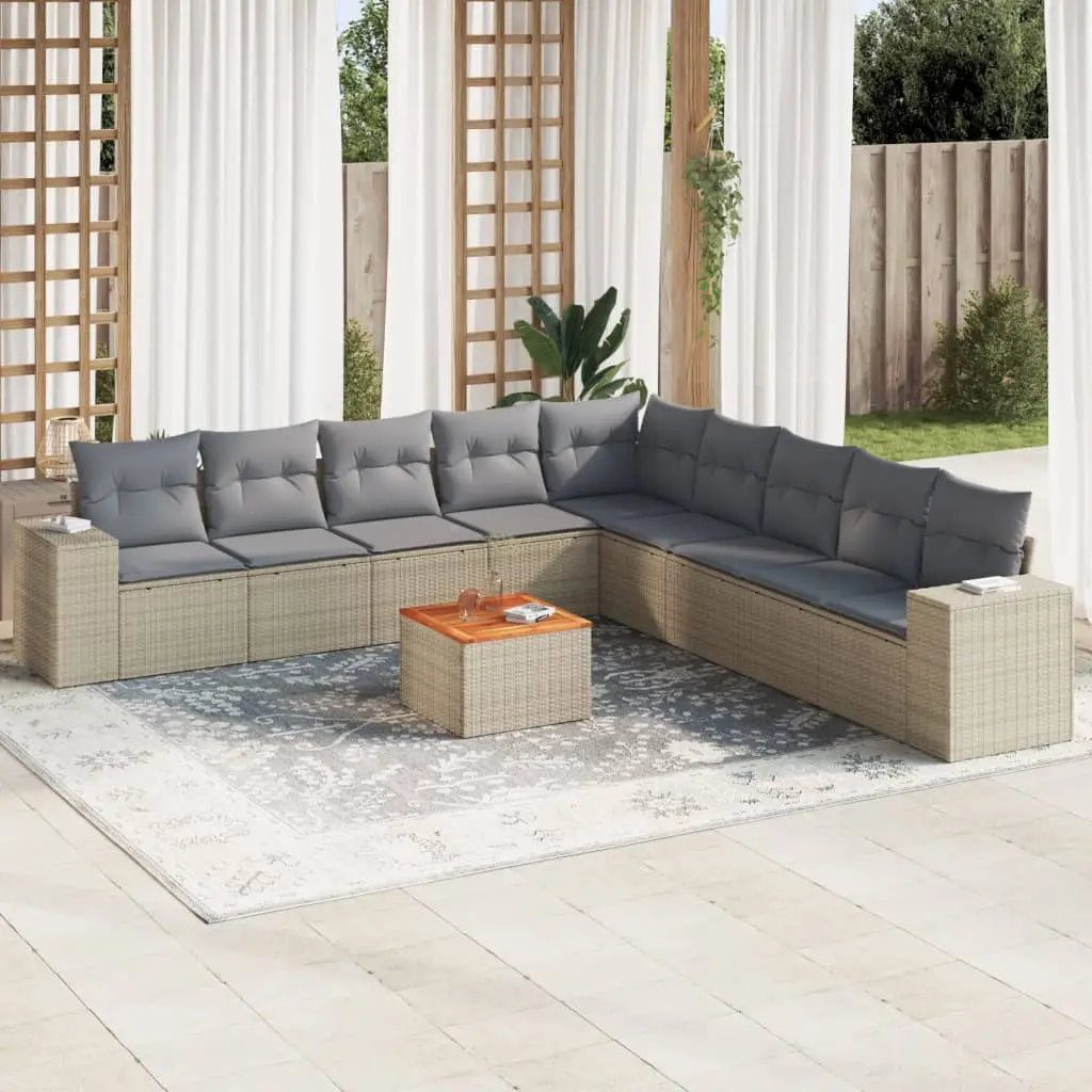 Set Divano da Giardino 10 pz con Cuscini Beige in Polyrattan