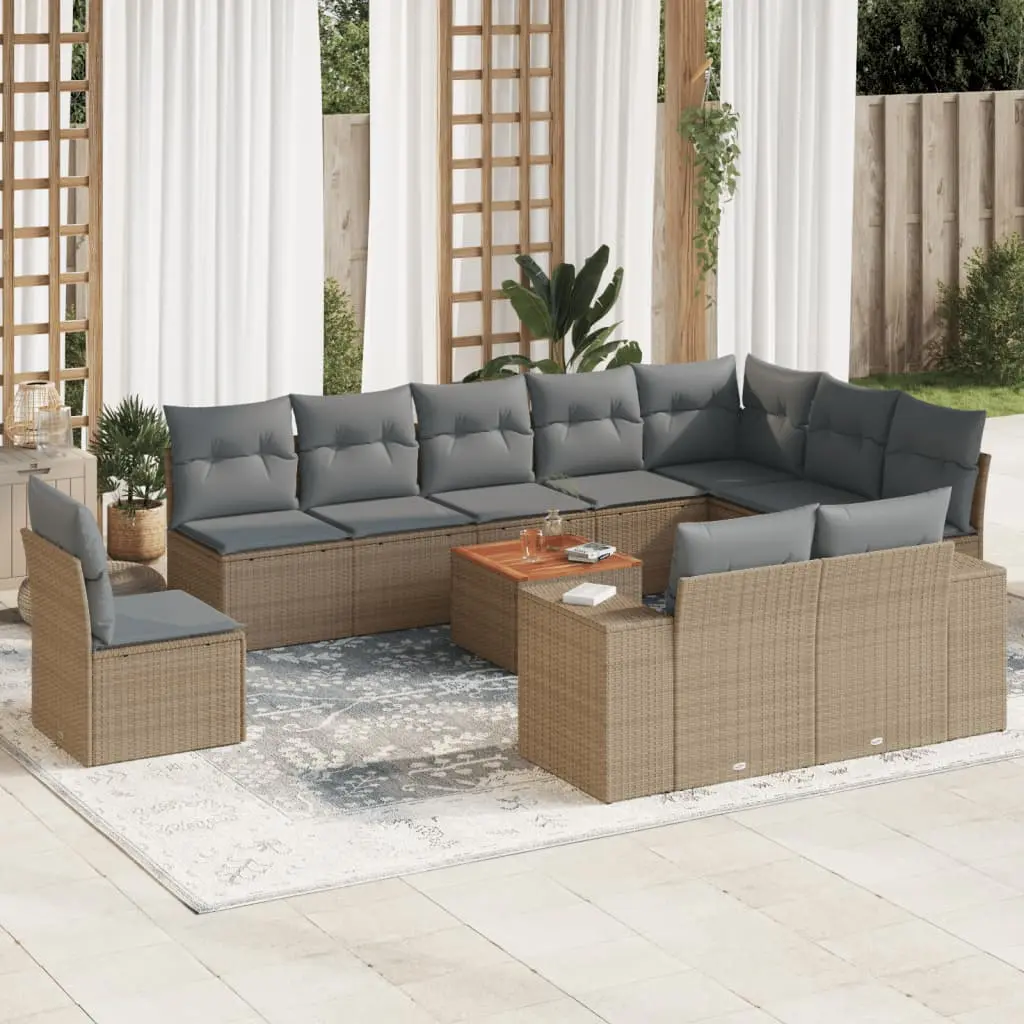 Set Divani da Giardino 11 pz con Cuscini Beige in Polyrattan