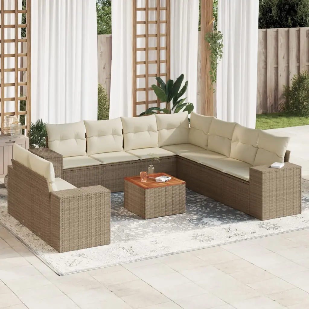 Set Divano da Giardino 10 pz con Cuscini Beige in Polyrattan