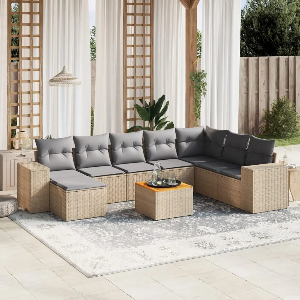 Set Divano da Giardino 9 pz con Cuscini Beige in Polyrattan