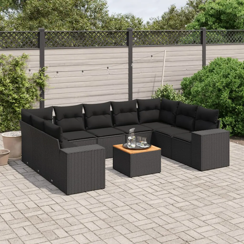 Set Divani da Giardino 10pz con Cuscini in Polyrattan Nero