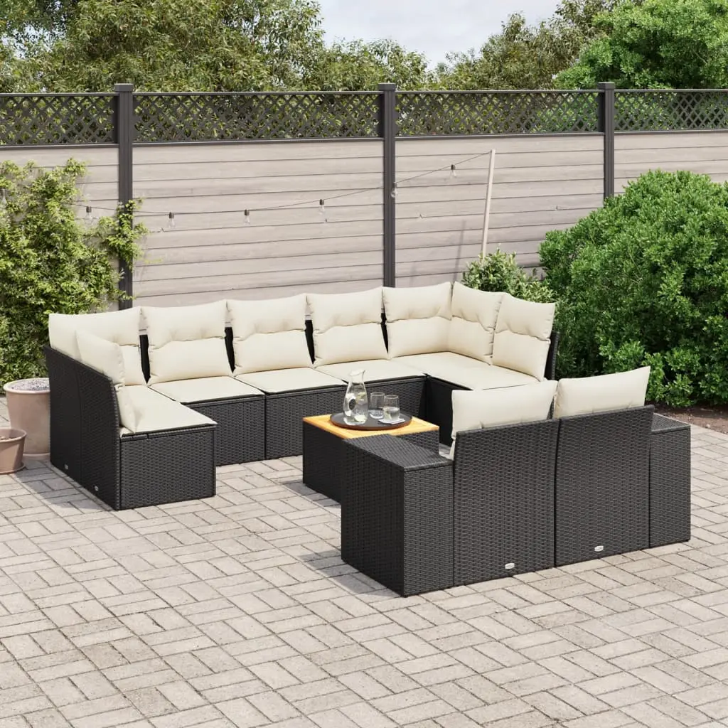 Set Divani da Giardino 10pz con Cuscini in Polyrattan Nero