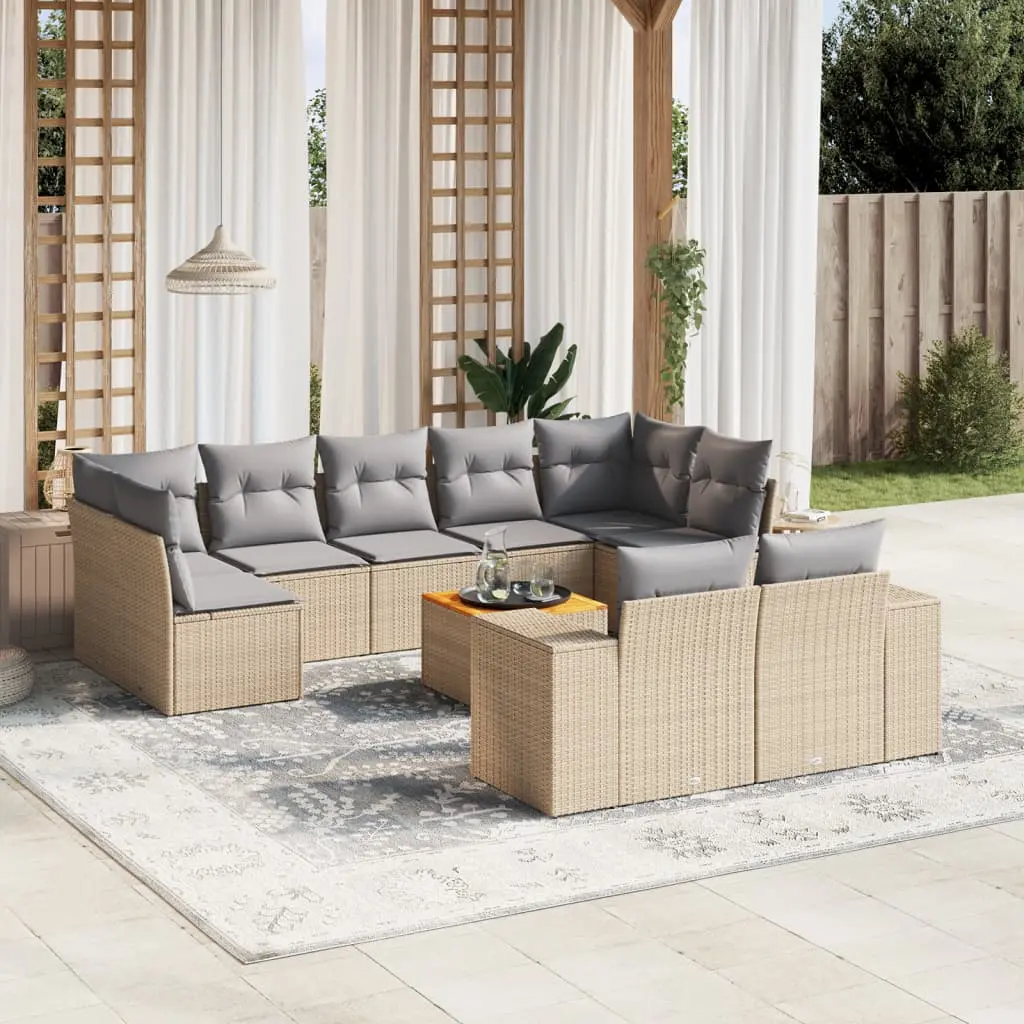 Set Divano da Giardino 10 pz con Cuscini Beige in Polyrattan