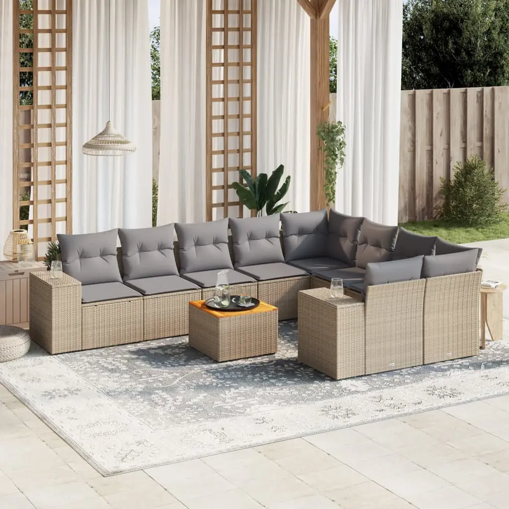 Set Divano da Giardino 10 pz con Cuscini Beige in Polyrattan