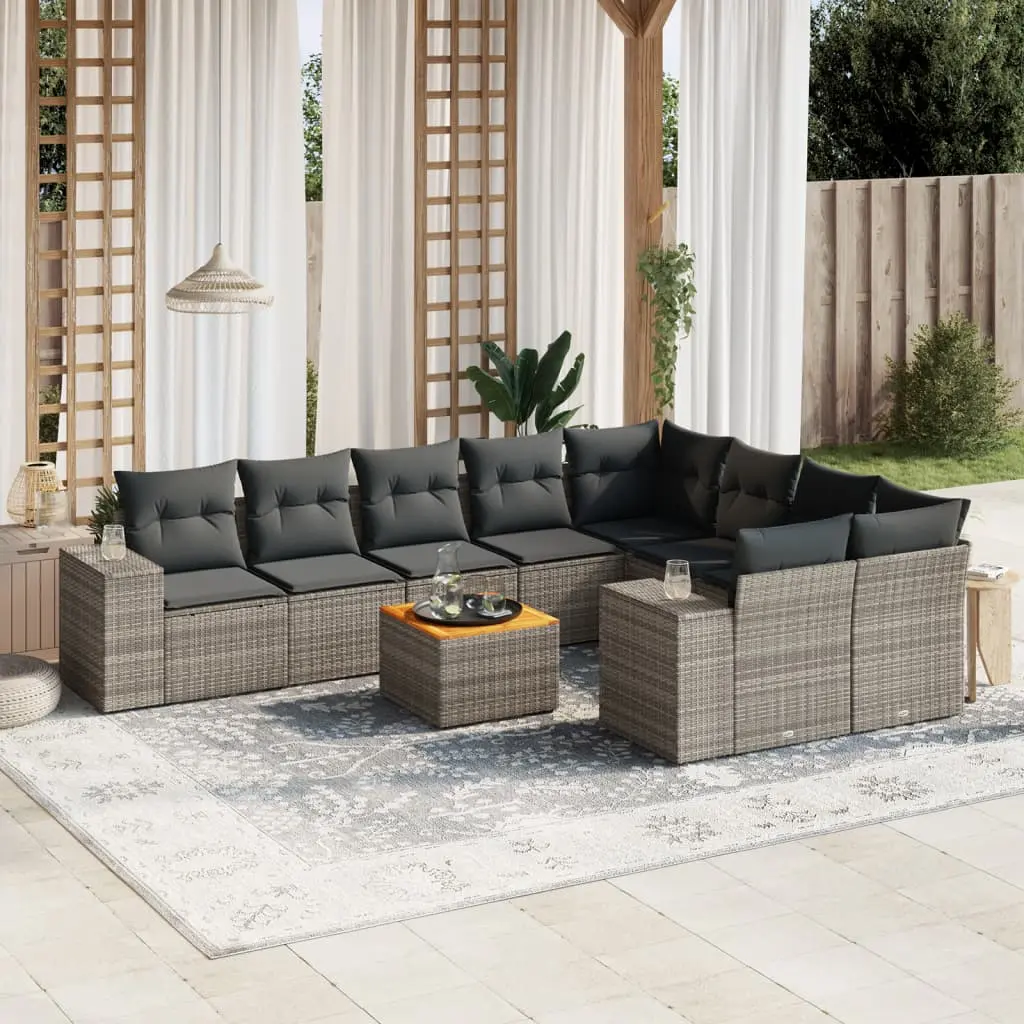 Set Divano da Giardino 10 pz con Cuscini Grigio in Polyrattan