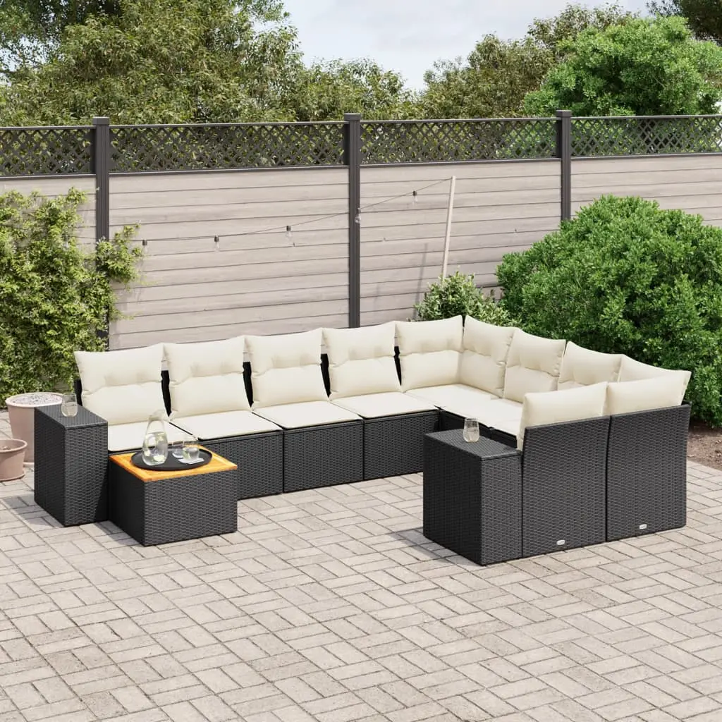 Set Divani da Giardino 10pz con Cuscini in Polyrattan Nero