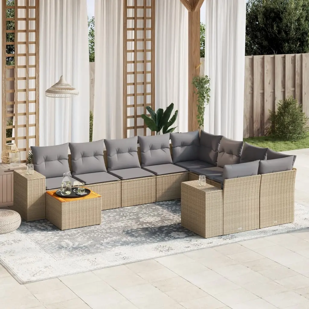 Set Divano da Giardino 10 pz con Cuscini Beige in Polyrattan