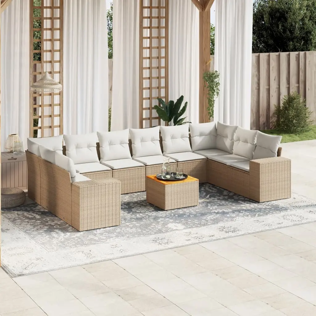 Set Divani da Giardino 11 pz con Cuscini Beige in Polyrattan