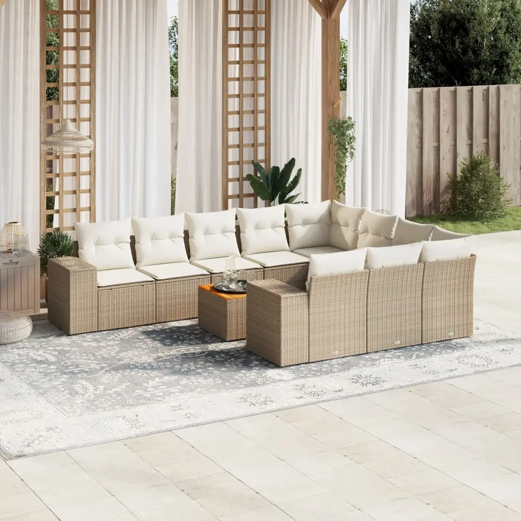 Set Divani da Giardino 11 pz con Cuscini Beige in Polyrattan