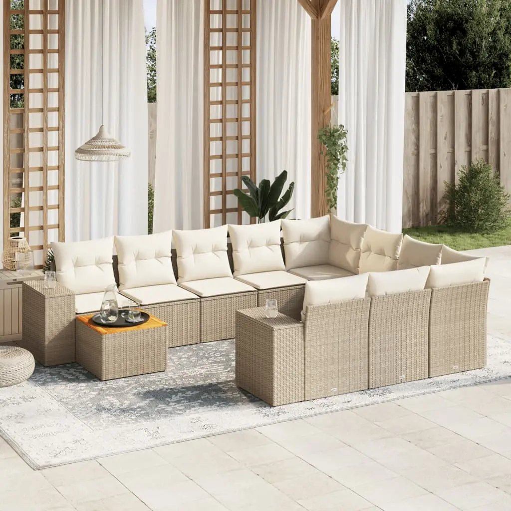 Set Divani da Giardino 11 pz con Cuscini Beige in Polyrattan