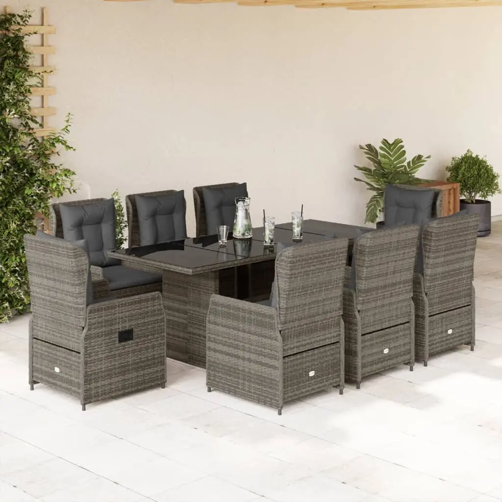 Set da Pranzo da Giardino 9 pz con Cuscini in Polyrattan Grigio